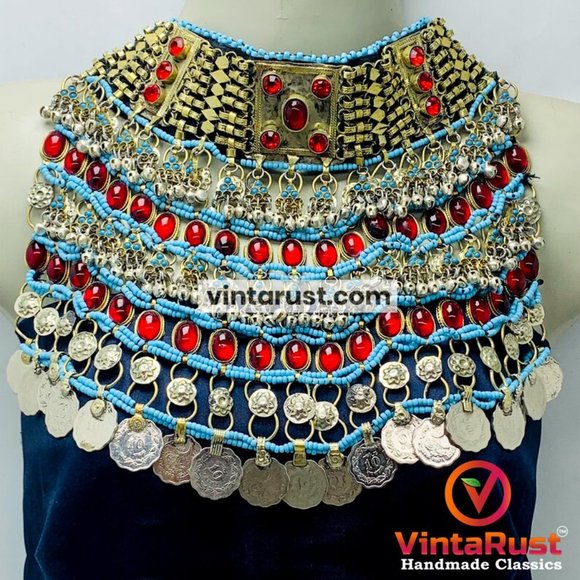 Afghan Choker Necklace, Tribal Kuchi Layered Necklace With Red Glass Stones - Picture 2 of 10
